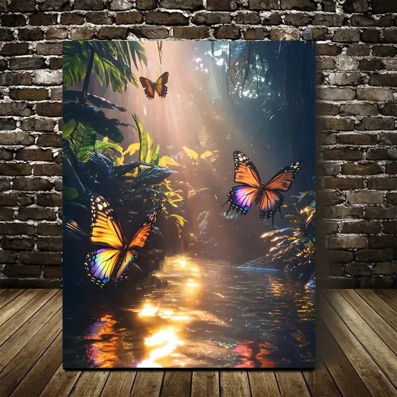 Cyberpunk Jungle Scene with Butterflies Chasing  40x60cm Metal Print Ready to Hang - Bella Home Decor