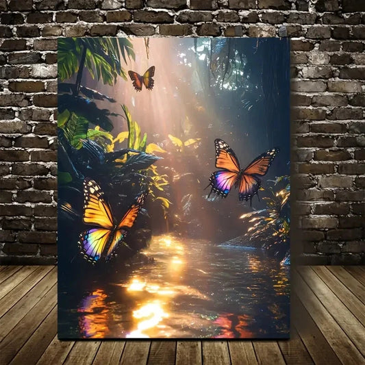 Cyberpunk Jungle Scene with Butterflies Chasing  40x60cm Metal Print Ready to Hang - Bella Home Decor