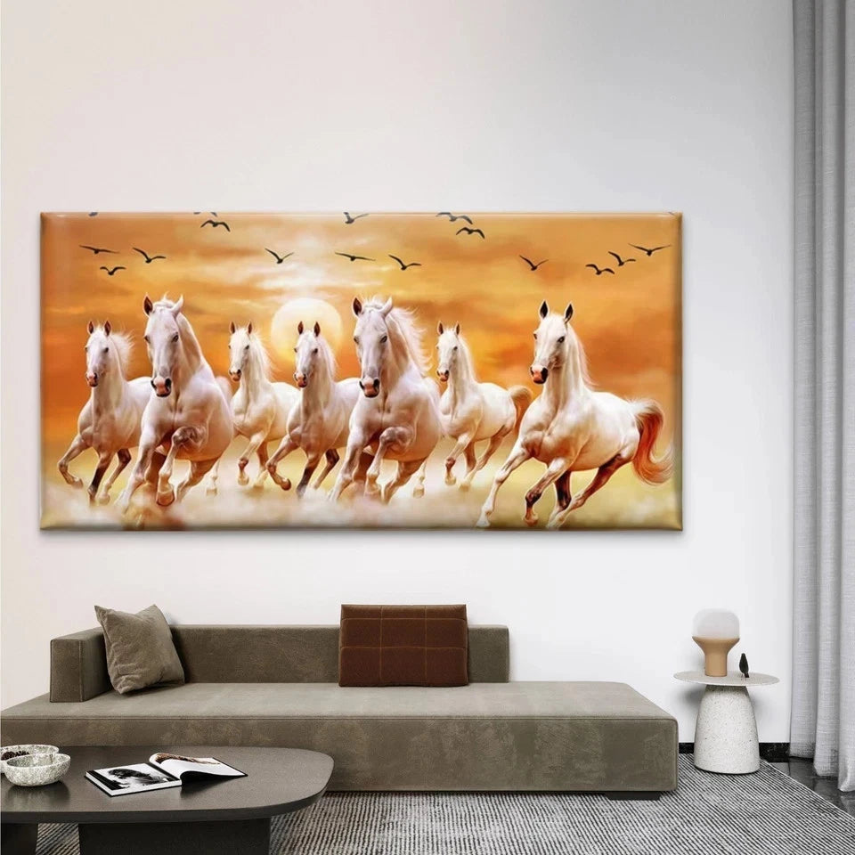 White Horses Galloping at Sunse Wall Art Canvas Office Home Room Framed 120x60cm