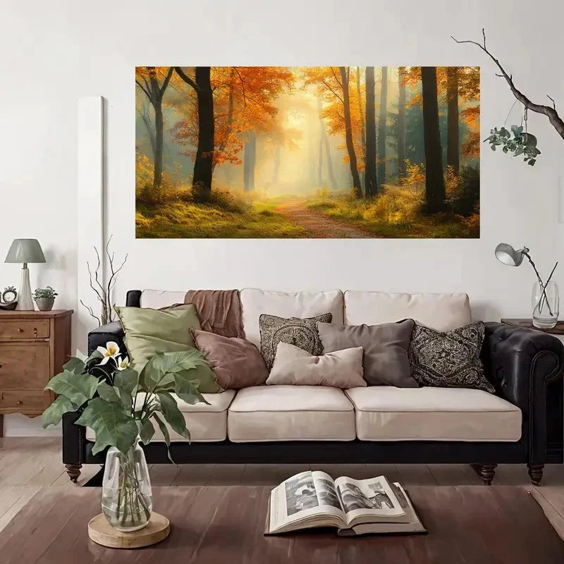 Vintage Autumn Forest Wall Art Canvas Office Home Room Framed 120x60cm