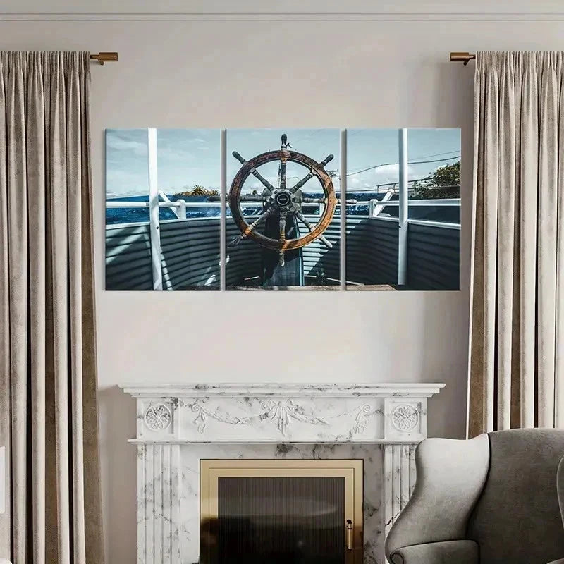 3pcs Nautical Rudder Ship Portrait Wall Art Set Canvas Framed 50x70cm - High Quality Print 100% Australian Made Wall Canvas Ready to Hang