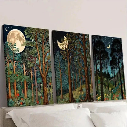 3pcs Classic Moonlit Forest Landscape Wall Art Set Canvas Unframed - High Quality Print 100% Australian Made Wall Canvas - Bella Home Decor