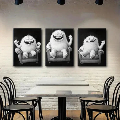 3pcs Funny Monster Playful Black & White Wall Art Canvas Unframed - High Quality Print 100% Australian Made Wall Canvas - Bella Home Decor
