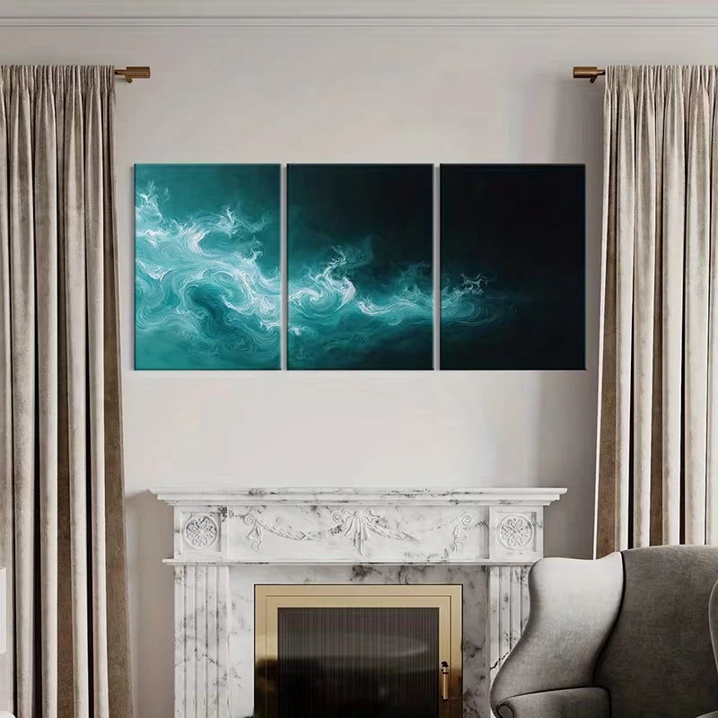 3pcs Abstract Ocean Waves Teal White Swirls  Wall Art Set Canvas Framed 60x90cm - High Quality Print 100% Australian Made Wall Canvas Ready to Hang - Bella Home Decor