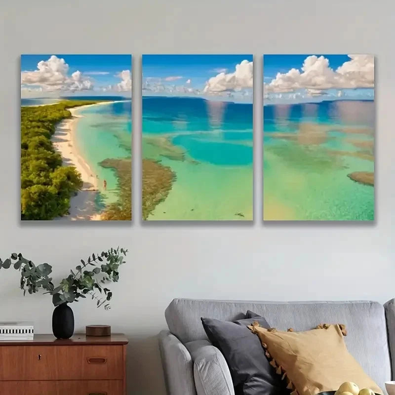 3pcs Turquoise Waters of a Tropical Seascape Wall Art Set Canvas Framed 50x70cm - High Quality Print 100% Australian Made Wall Canvas Ready to Hang