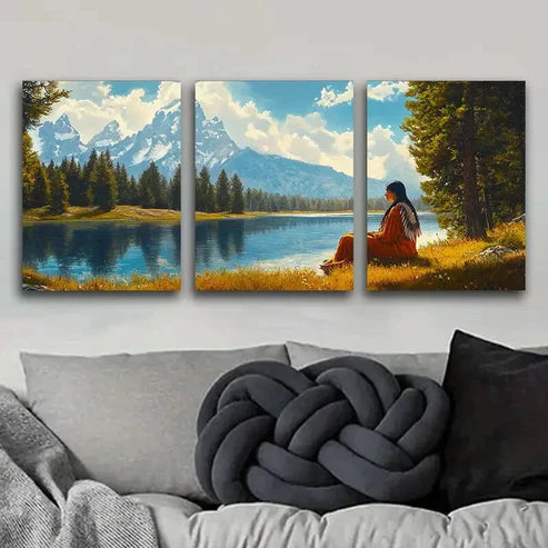3pcs Girl by the River Blue Sky Nature Perfect Wall Art Set Canvas Unframed - High Quality Print 100% Australian Made Wall Canvas - Bella Home Decor