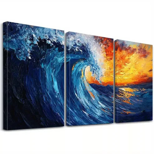 3pcs Blue And Orange Decorative Abstract Ocean   Art Set Canvas Unframed - High Quality Print 100% Australian Made Wall Canvas - Bella Home Decor