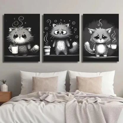 3pcs Black And White Cat Illustration Wall Art Set Canvas Unframed - High Quality Print 100% Australian Made Wall Canvas - Bella Home Decor