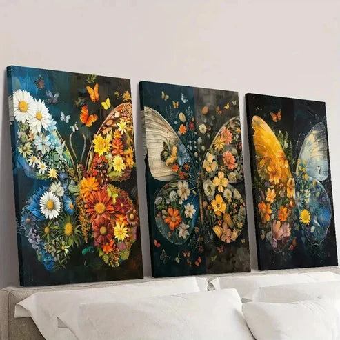 3pcs Butterflies and Botanical Flowers Wall Art Set Canvas Unframed - High Quality Print 100% Australian Made Wall Canvas - Bella Home Decor