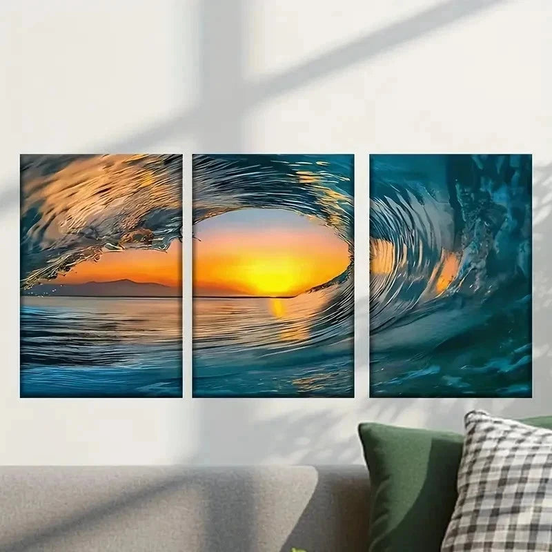 3pcs Waves in The Ocean During Sunset Wall Art Set Canvas Framed 50x70cm - High Quality Print 100% Australian Made Wall Canvas Ready to Hang