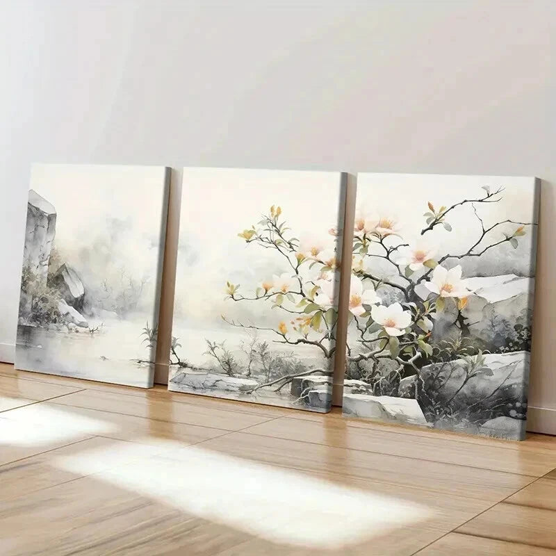 3pcs Abstract Vintage Flowers & Branches Wall Art Set Canvas Framed 40x60cm - High Quality Print 100% Australian Made Wall Canvas Ready to Hang - Bella Home Decor