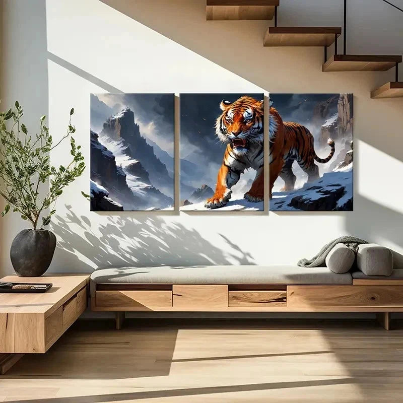 3pcs Snow Mountains & Angry Tiger Wall Art Set Canvas Framed 50x70cm - High Quality Print 100% Australian Made Wall Canvas Ready to Hang
