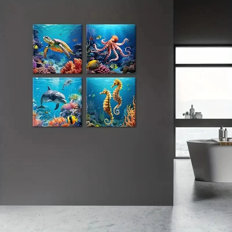 4pcs Sea Turtle Octopus Dolphin Seahorse Picture Wall Art Canvas Framed