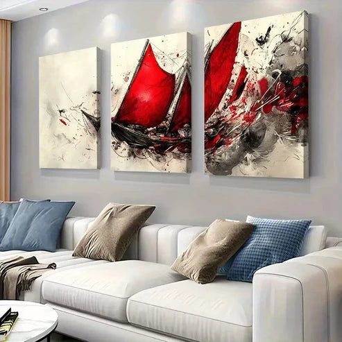 3pcs Abstract Sailing Ship Bold Red Sails Wall Art Set Canvas Unframed - High Quality Print 100% Australian Made Wall Canvas - Bella Home Decor