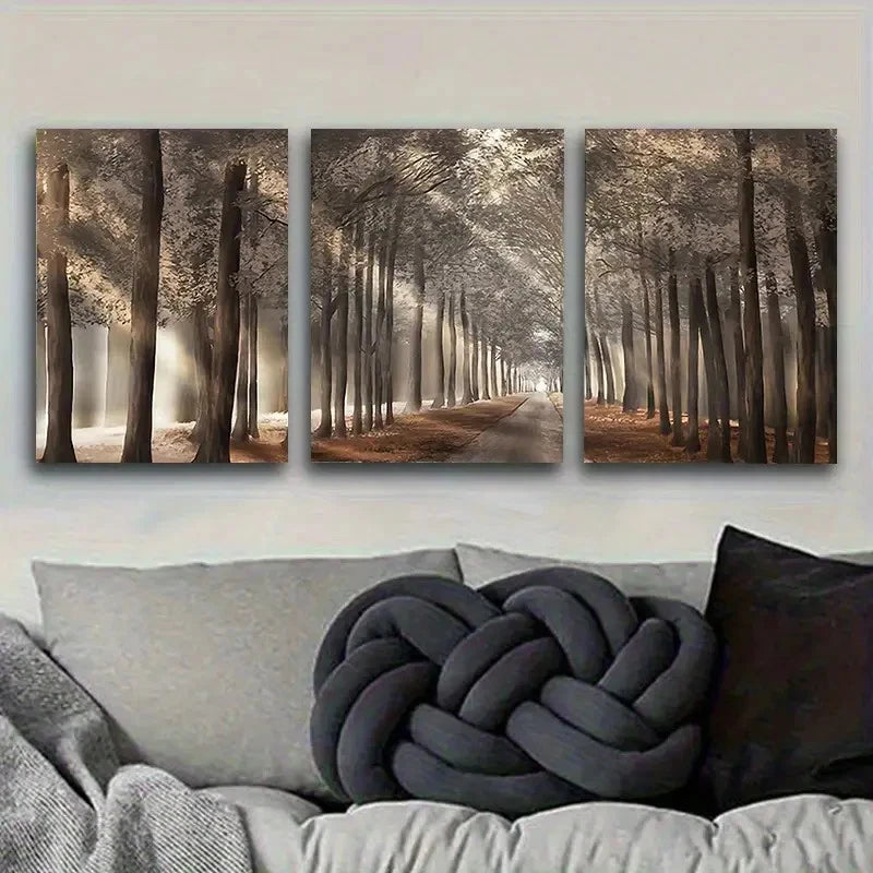 3pcs Misty Forest Path Vintage Wall Art Set Canvas Framed 50x70cm - High Quality Print 100% Australian Made Wall Canvas Ready to Hang