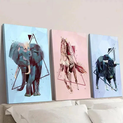 3pcs Elephant Horse Bull in Geometric Style Wall Art Set Canvas Unframed - High Quality Print 100% Australian Made Wall Canvas