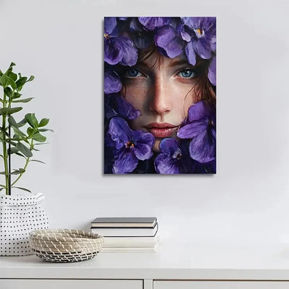 Purple Floral Portrait of Woman with Flowers Painting 40x60cm Metal Print Ready to Hang - Bella Home Decor