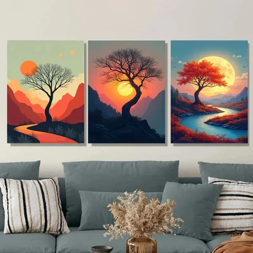 3pcs Vibrant Sunset Trees And Mountain beautiful Wall Art Set Canvas Unframed - High Quality Print 100% Australian Made Wall Canvas