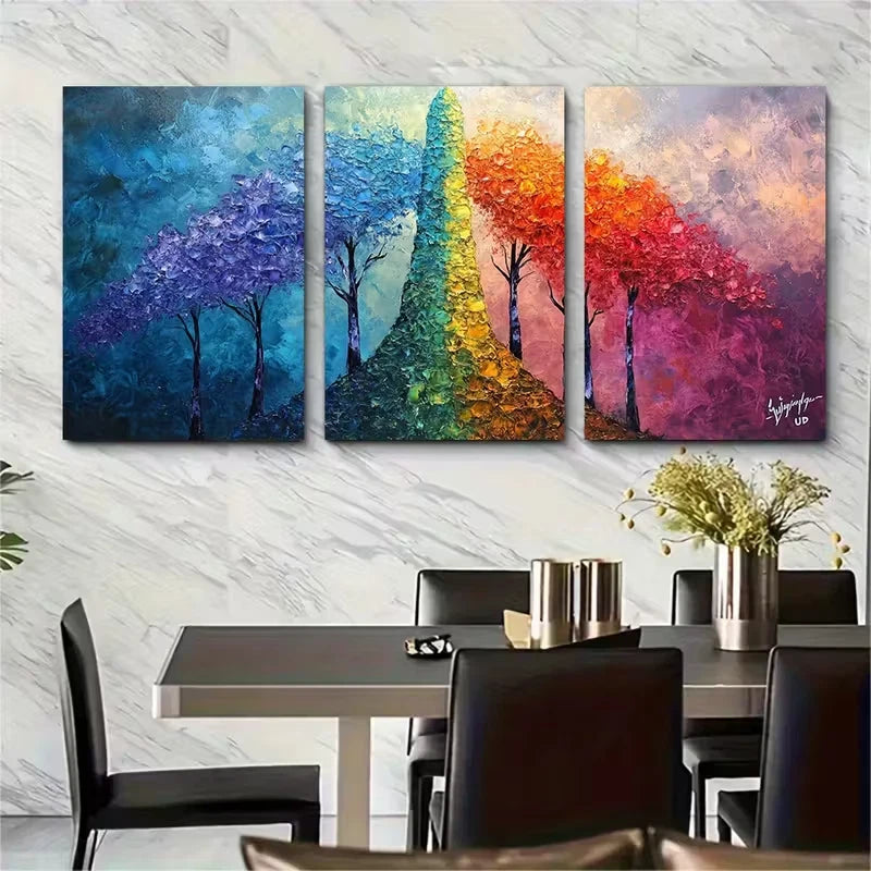 3pcs Colorful Tower Tree Painting Metal Print Ready to Hang Art - Bella Home Decor