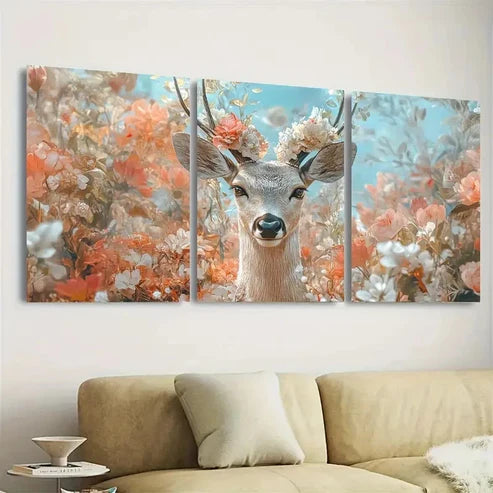 3pcs Floral Deer Wall Art Set Canvas Unframed - High Quality Print 100% Australian Made Wall Canvas - Bella Home Decor
