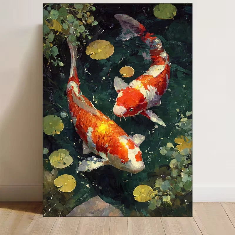 Vibrant Japanese Koi Fishes in Green Water Metal Print Ready to Hang