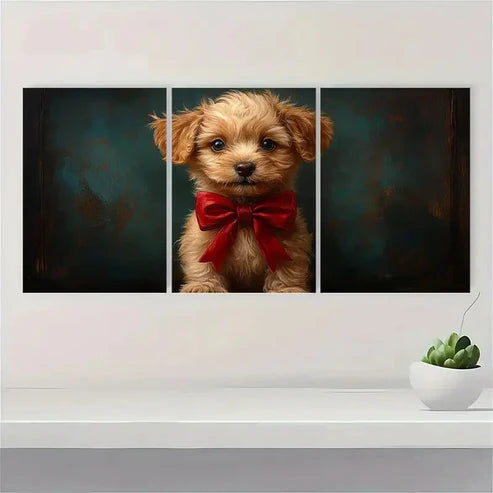 3pcs The Big Red Bow Fine Art Print Dog K Wall Art Set Canvas Unframed - High Quality Print 100% Australian Made Wall Canvas - Bella Home Decor