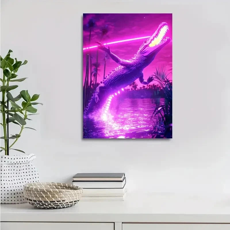 Beautiful Cyberpunk Crocodile Vivid Sunny Painting 40x60cm Metal Print Ready to Hang