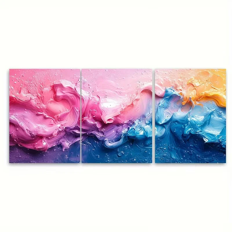 3pcs Colorful Pastel Paint Splash Abstract Metal Print Ready to Hang Art - Bella Home Decor