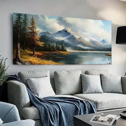 Winter Mountain Lake Trees wall canvas office home room framed 120x60cm - Bella Home Decor
