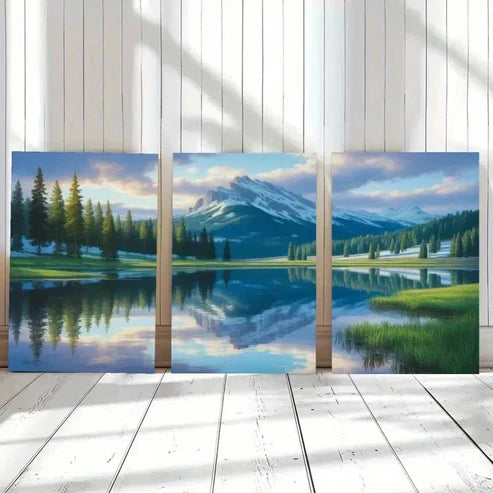 3pcs Mountains, Pine Trees, Lake, Reflection Wall Art Canvas Unframed - High Quality Print 100% Australian Made Wall Canvas