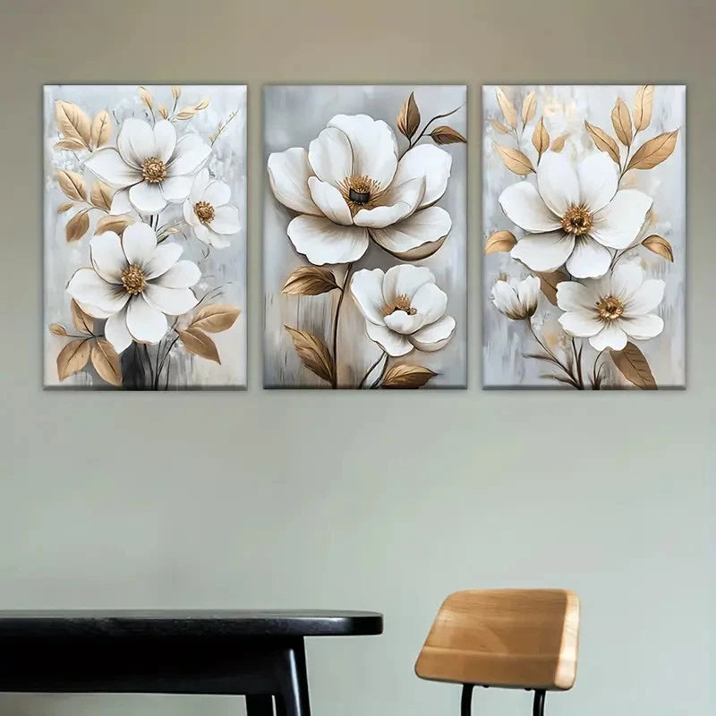 3pcs white flowers with gold leaves on a gray Wall Art Set Canvas Framed 40x60cm - High Quality Print 100% Australian Made Wall Canvas Ready to Hang - Bella Home Decor
