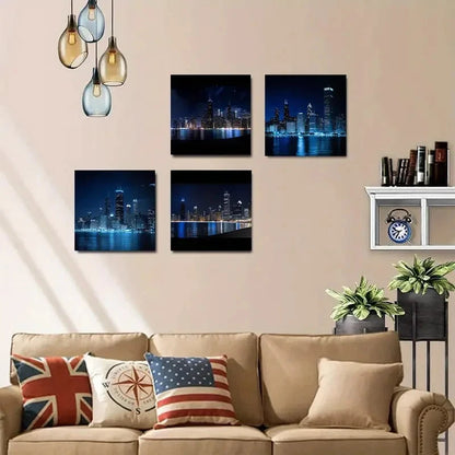 4pcs Chicago Night SkylineWall Art Canvas Framed