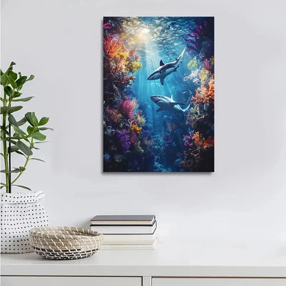 Vibrant Underwater Shark Wrestling Painting 40x60cm Metal Print Ready to Hang - Bella Home Decor