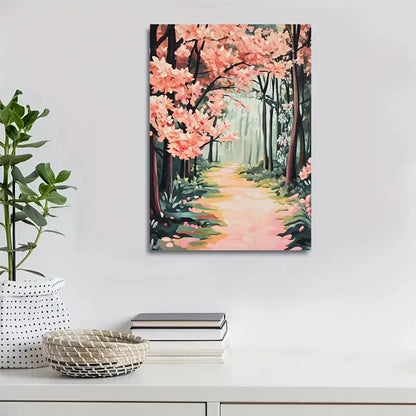 Lush Peach Forest with Winding Path & Blooming Trees 40x60cm Metal Print Ready to Hang - Bella Home Decor