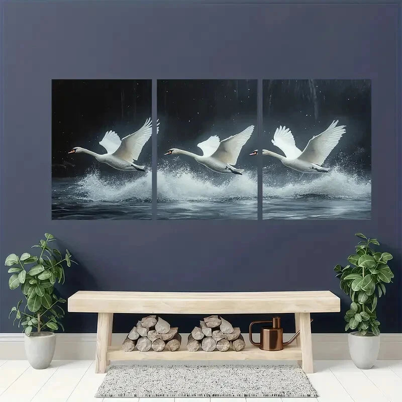 3pcs Flying Swans Print Minimalist Bird Painting Metal Print Ready to Hang Art