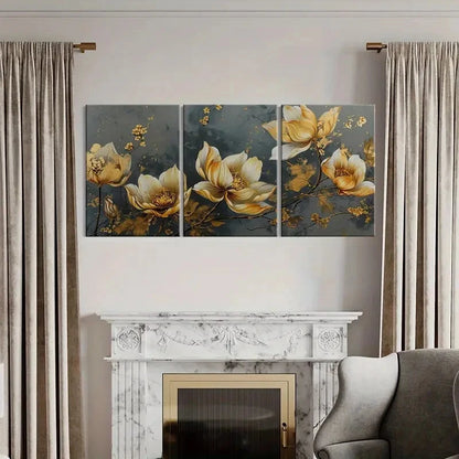 3pcs Elegant Golden Floral Metal Print Ready to Hang Art - Bella Home Decor