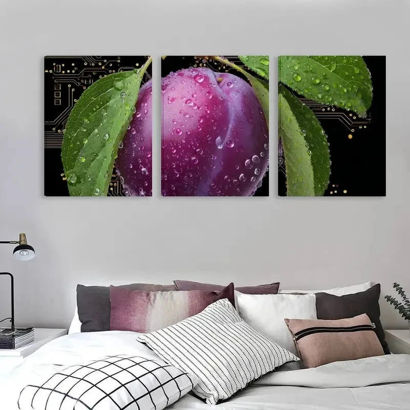 3pcs Minimalist Purple Plum & Green Leaf   Wall Art Set Canvas Framed 50x70cm - High Quality Print 100% Australian Made Wall Canvas Ready to Hang