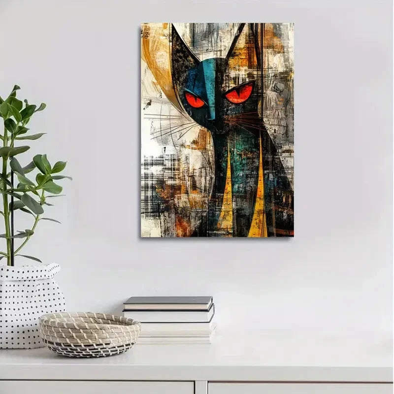 Beautiful Abstract Art a Modern Red Eyed Cat Painting 40x60cm Metal Print Ready to Hang - Bella Home Decor