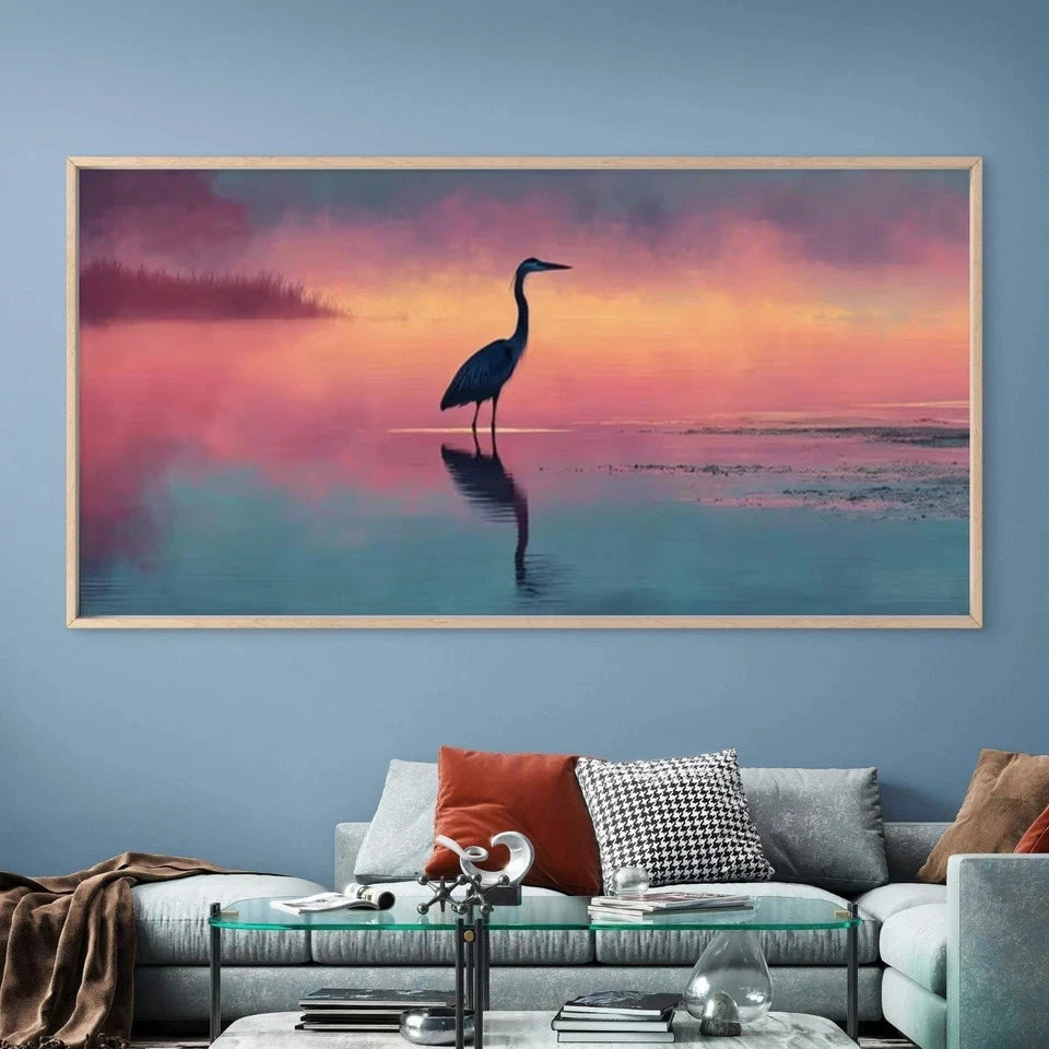 Sunset Lake Heron Reflection Wall Art Canvas Office Home Room Framed 120x60cm
