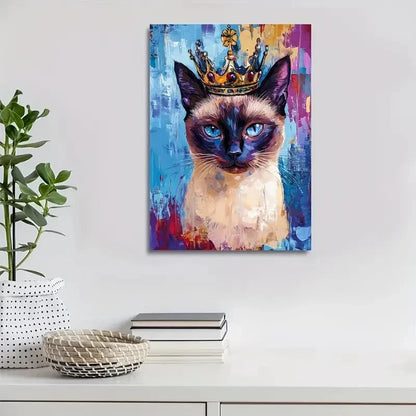 Crowned Siamese Cat with Vibrant Abstract Painting 40x60cm Metal Print Ready to Hang