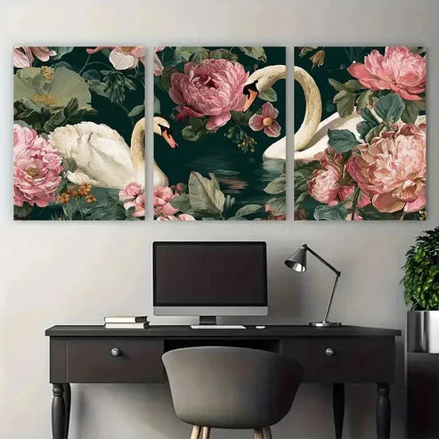 3pcs Swans Coquette Vintage Floral Perfect Wall Art Set Canvas Unframed - High Quality Print 100% Australian Made Wall Canvas