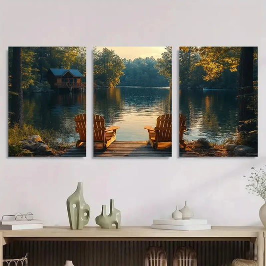 3pcs Lake House Scenery with Wooden Chairs Wall Art Set Canvas Framed 40x60cm - High Quality Print 100% Australian Made Wall Canvas Ready to Hang