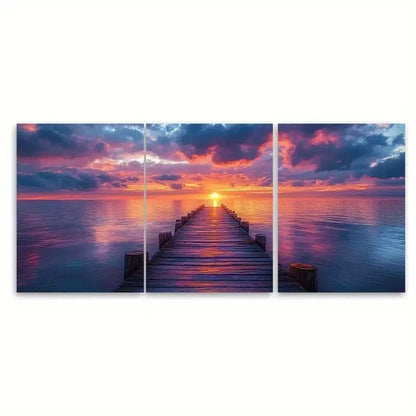 3pcs Seascape Pier at Dusk ER   Wall Art Set Canvas Framed 50x70cm - High Quality Print 100% Australian Made Wall Canvas Ready to Hang