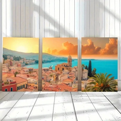 3pcs Mediterranean Coastal Cityscape wall Art Set Canvas Framed 50x70cm - High Quality Print 100% Australian Made Wall Canvas Ready to Hang