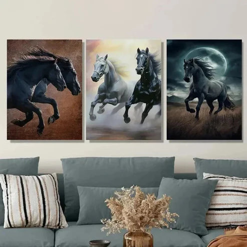 3pcs Galloping Horses Modern Black Wall Art Set Canvas Unframed - High Quality Print 100% Australian Made Wall Canvas - Bella Home Decor
