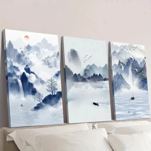 3pcs Sky Blue Boat Water & Mountain Landscape Wall Art Canvas Unframed - High Quality Print 100% Australian Made Wall Canvas
