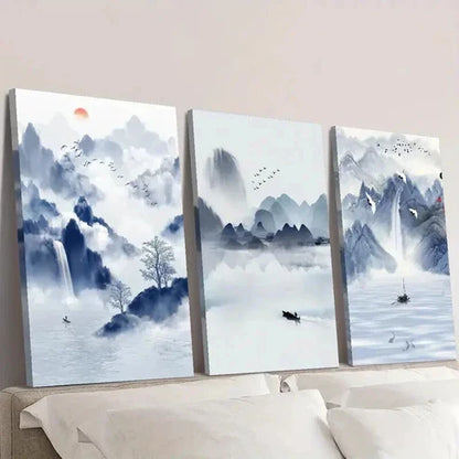 3pcs Sky Blue Boat Water & Mountain Landscape Wall Art Canvas Unframed - High Quality Print 100% Australian Made Wall Canvas