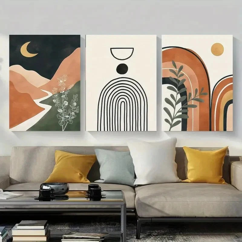 3pcs Serene Landscape & Geometric Wall Art Set Canvas Framed 50x70cm - High Quality Print 100% Australian Made Wall Canvas Ready to Hang