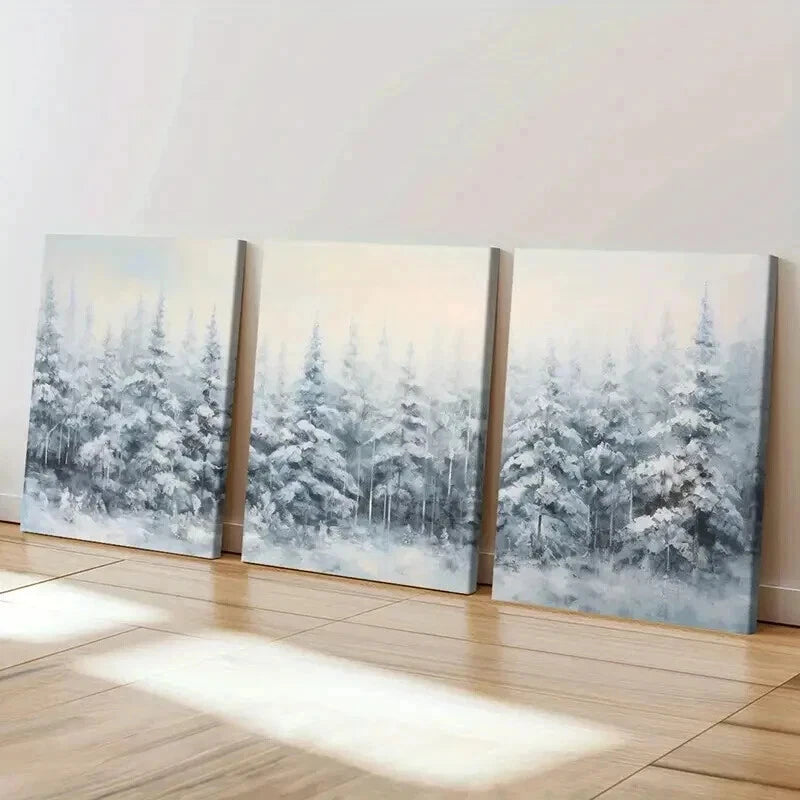 3pcs Winter Forest Snowy Trees Landscape Wall Art Set Canvas Framed 50x70cm - High Quality Print 100% Australian Made Wall Canvas Ready to Hang - Bella Home Decor