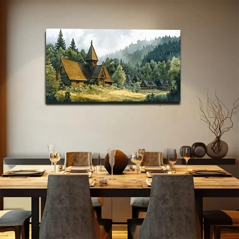 Wooden House In The Forest Wall Art Canvas Office Home Room Framed 120x60cm